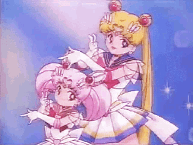 Sailor Moon and Sailor Chibi Moon winking.